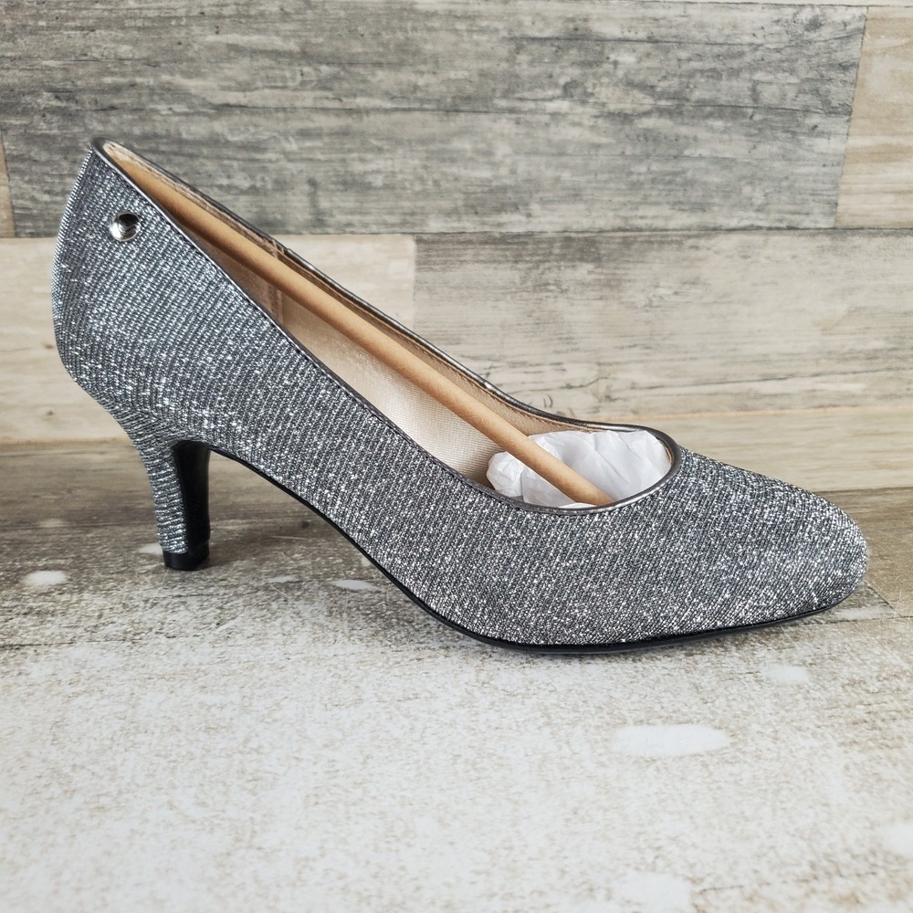 LifeStride Parigi Womens Pumps Sz 6 Silver Glitter Slip On Round Toe Kitten Heel